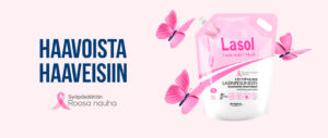 Lasol Roosa nauha -lasinpesuneste, jonka jokaisesta pussista lahjoitetaan 0,40 € syöpätutkimukseen